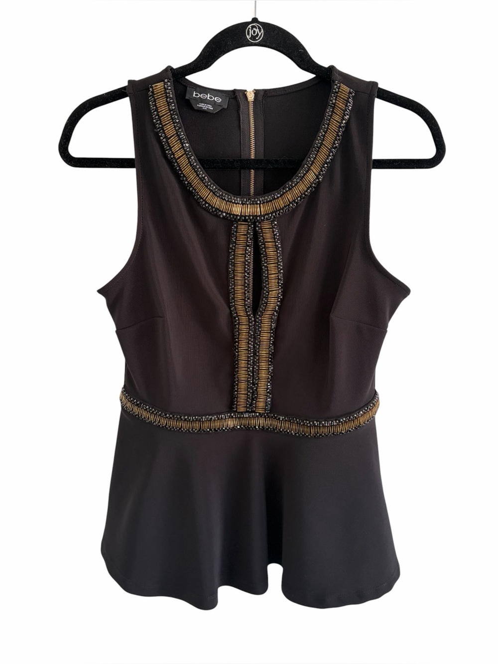 Bebe black keyhole beaded peplum top